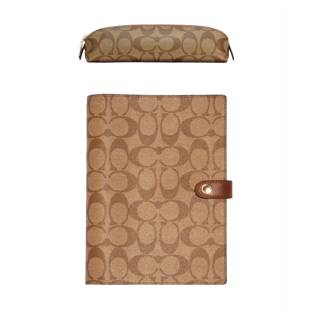 Coach Notebook & Pencil Case Set Signature Canvas Leather Khaki Brown Snap Zip - Picture 1 of 9